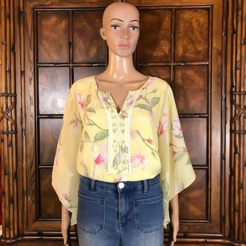 Belle by Kim Gravel Buttercup Floral Embroider Butterfly Sleeve Chiffon Top
